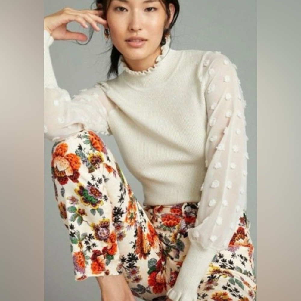 Anthropologie Callahan Cream Sparkle Ribbed Mock Neck Polka Dot Sleeve Sweater